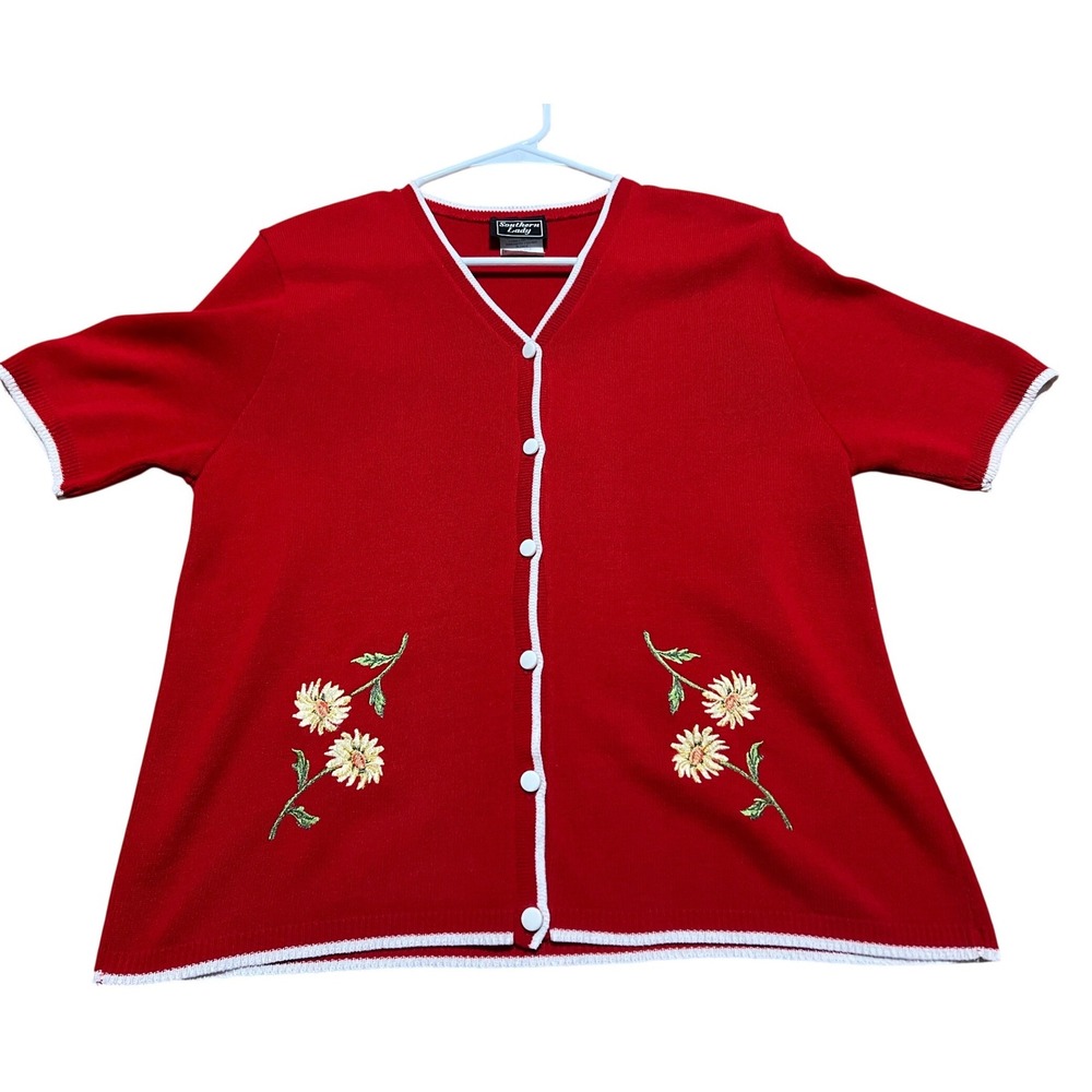 Southern Lady Vintage Red Short Sleeve Cardigan‎ Floral Embroidery V-Neck Size M